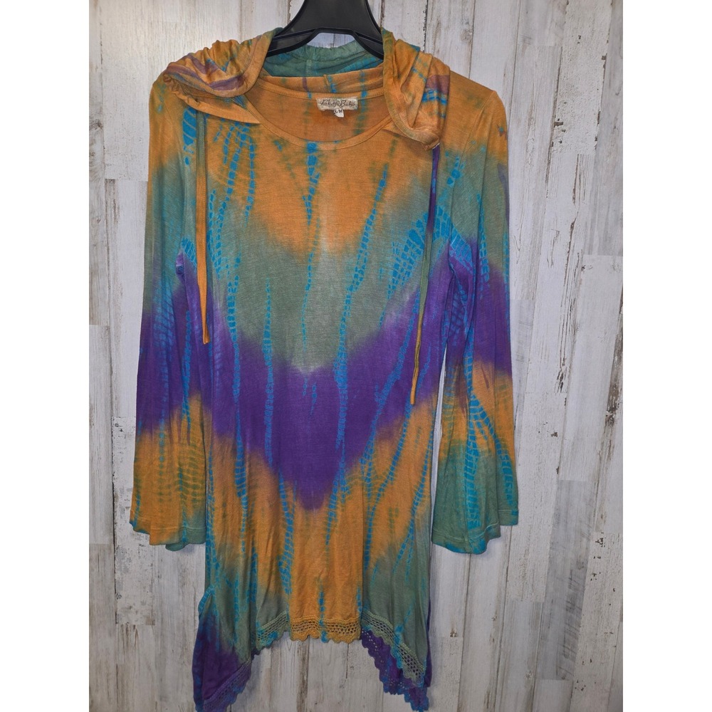 Bhag's Boho S/M Tie Dye Hoodie Tunic Knit Top long sleeve Hi-Low Hippie